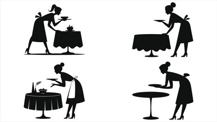 Fototapeta premium Silhouette of waitress serving food and drinks at restaurant table, professional hospitality service illustration, woman server carrying plates, catering staff, dining experience, restaurant worker 
