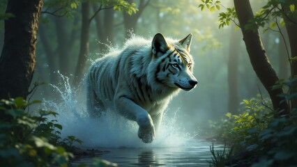 White Wolf Striding Through Forest Stream at Dawn