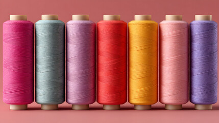 Colorful spools of thread arranged neatly in a top-down view, showcasing vibrant hues and textures, perfect for sewing, crafting, and creative projects with copy space