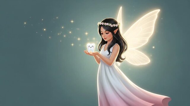 Magical tooth fairy holding glowing lost