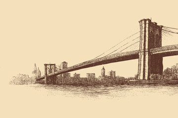 Brooklyn Bridge, New York illustration in a vintage style. This vector illustration can be used in any size you like for advertising, logos, and other work.