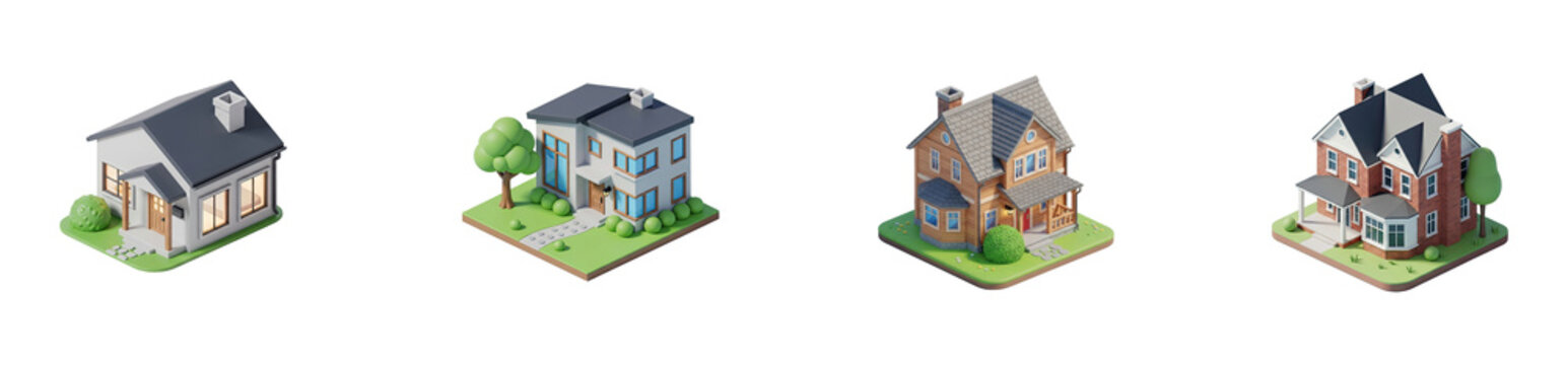 Four houses in a row, each with a different architectural style.