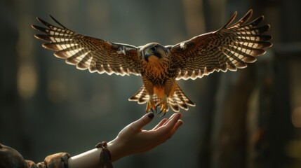 Obraz premium Backlit falcon in mid-flight touching a hand at dusk