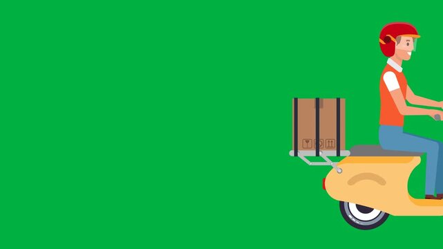 4K Animation  2D footage of an accelerated delivery messenger riding a scooter.   The character and Green Screen backgrounds both carry pizza boxes, an insulated food bag, and a parcel.