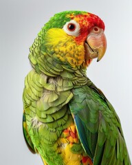 Studio shot of green parrot with golden face feathers and piercing red eye