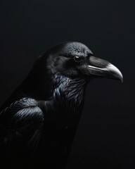 Fine art studio image of a majestic black raven perched in shadow, illuminated softly from one side to emphasize feather detail and form.