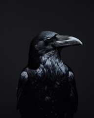 Dark and elegant portrait of a raven in profile with sharp beak and glossy plumage, set against a black backdrop in fine art photography style.