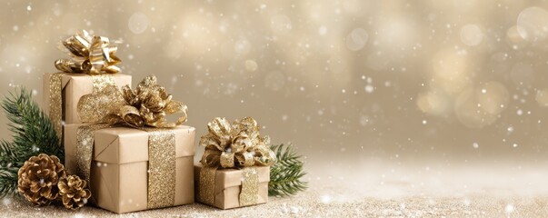 Assorted gold gift boxes with ribbons among baubles and bokeh background. Christmas and New Year concept. Design for shopping ads, advertisement or banner with copy space for text.