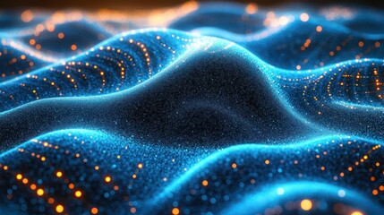 Abstract digital waves, glowing particles, dark background,  data visualization, digital art