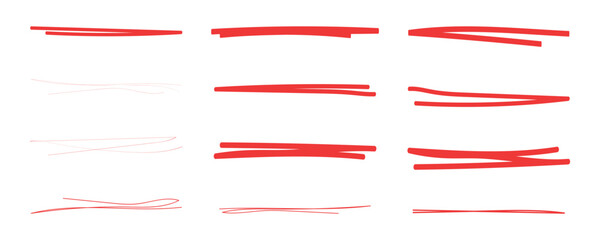 Red marker strokes set. Hand drawn lines for underlining text. Grunge brush paint stripes. Highlight scribble. Correction cross out sign. Vector design element collection isolated.