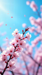 A breathtaking display of cherry blossom in full bloom against a bright blue sky, showcasing the delicate petals and capturing the essence of springtime. 