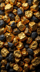 A treasure trove of gold nuggets glistening alongside dark rocks, showcasing the raw beauty of mineral wealth. Capture the allure of the treasure and the mystery of the dark rocks.