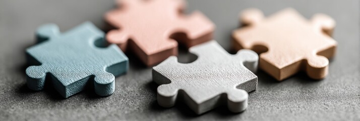 Obraz premium Four Colorful Jigsaw Puzzle Pieces Lie Scattered on a Textured Gray Surface in a Close up Shot, Representing Connection and Business Solution