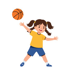 Cute cartoon girl with pigtails actively playing basketball, an energetic character illustration representing childhood sports and healthy lifestyle
