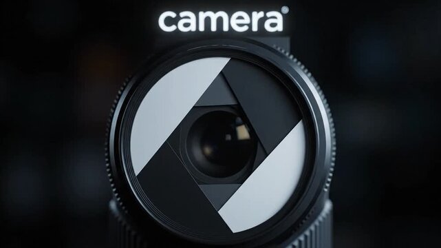 Camera lens aperture opening and closing with the word camera above it