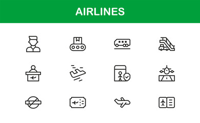 Airlines Travel Aviation Professional Line Icon Set – Modern Minimal Outline Vector Icons for Premium Designs