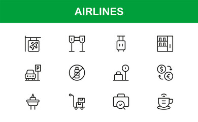 Airlines Travel Aviation Professional Line Icon Set – Modern Minimal Outline Vector Icons for Premium Designs