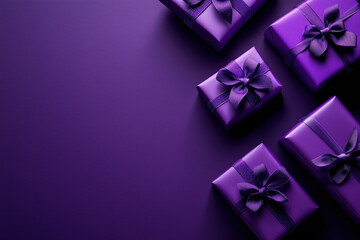 Dark purple gifts arranged on a vibrant purple holiday background with copy space.