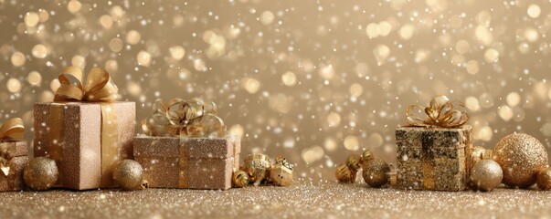 Gold Christmas background with gifts and bokeh lights, festive decoration for Christmas, Minimal scene for mockup products, promotion display, 3D rendering product display platform.