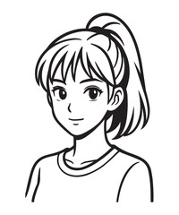 Anime Girl Line Art Portrait with Ponytail Illustration.