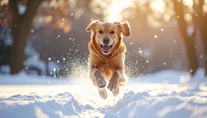 Golden retriever jumping through fresh snow, snow spraying around, joyful expression, winter park