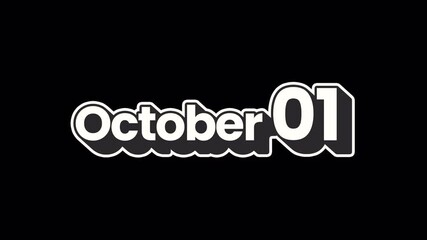 October 1 Calendar Sticker Animation in Black, Transparent Background