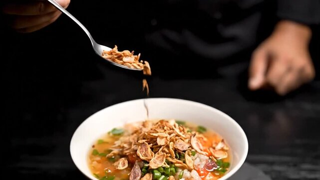 Chef Garnishing Soup with Fried Garlic