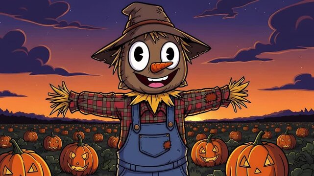 Smiling scarecrow in pumpkin patch at sunset