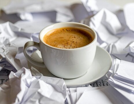 Cup of fresh coffee surrounded by crumpled paper on a desk. - Powered by Adobe