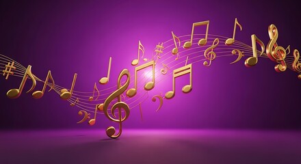 Golden Musical Notes Flowing on Purple Background.