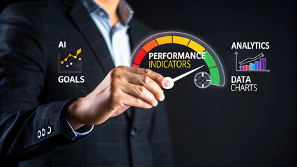 Businessman holding speedometer gauge for performance measurement and optimization, representing business growth and success in achieving goals