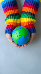 Hands wearing vibrant rainbow-striped sleeves gently cradling a small globe, symbolizing global unity and environmental care.