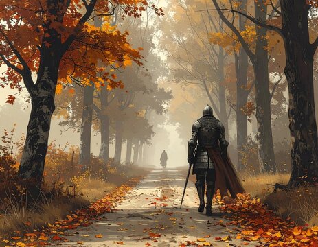 A knight walking on a road in autumn 