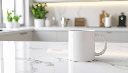 A clean white ceramic mug placed on a marble kitchen countertop in a modern minimalist kitchen interior