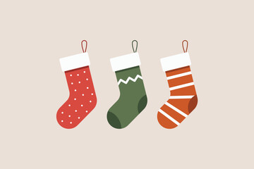 Set of three Christmas stockings in red, green and orange with different patterns on beige background, festive holiday decoration. Flat vector illustration