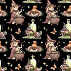 Seamless pattern with bunny in wizard dress, cute spider, vintage witch cauldron, esoteric elements. Hand drawn watercolor magic illustration. Black background. Kids fall design, Halloween print.
