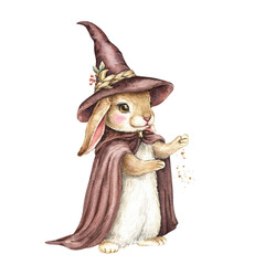 Сute Halloween bunny in wizard's robe and witch's hat, gold dust. Wild forest animal. Baby rabbit portrait. Hand drawn watercolor illustration isolated on white. Kids magic print, poster, design.