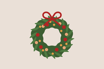 Christmas wreath made of green leaves decorated with red bow and colorful berries on beige background, festive holiday ornament. Flat vector illustration