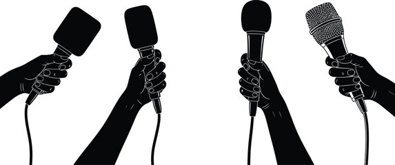 Press conference hands holding interview microphones icon editable vector illustration