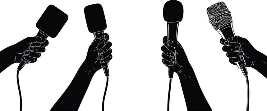 Press conference hands holding interview microphones icon editable vector illustration
