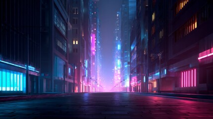 Futuristic Empty City Street at Night - Neon Minimalist Urban Background for Design and Web