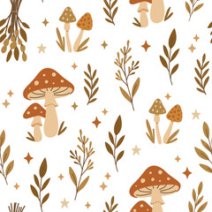 Seamless Boho Mushroom Pattern Autumn Forest Fungi and Herbal Leaves, Mystical Nature Inspired Folk Art, Cozy Botanical Background for Fabric, Wallpaper, Packaging, Scrapbooking