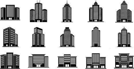 Black and white office building icons set, city skyscraper silhouettes, modern urban architecture vectors, commercial real estate symbols, business tower illustrations. © Hanif World