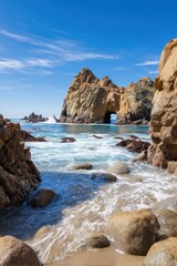 Fototapeta premium Pfeiffer Beach Keyhole Rock Arch with Crashing Waves at Sunset in Big Sur, California
