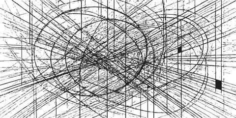 Monochrome geometric patterns of steel pylons and industrial buildings with a barbed wire texture against the sky