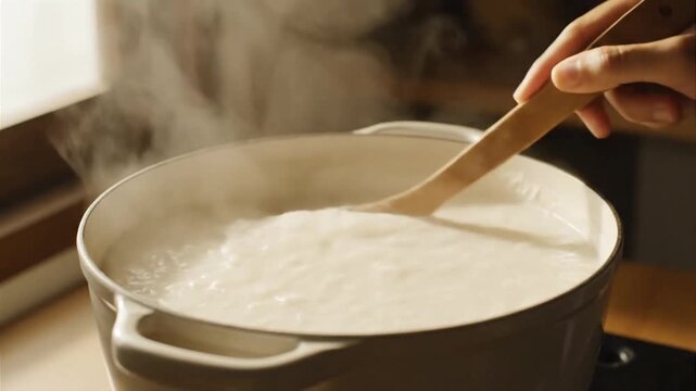 Cooking Rice Porridge in a Pot on the Stove