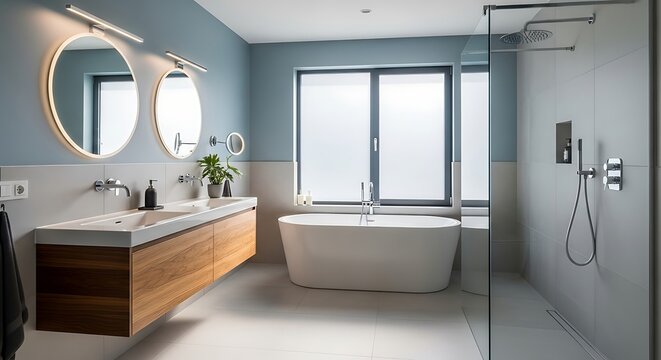 Modern bathroom interior design with freestanding bathtub. - Powered by Adobe
