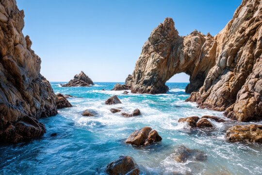 Turquoise ocean waves crashing on dramatic rocky coastline with natural arch