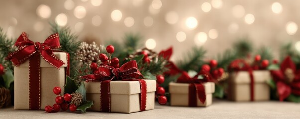 Christmas background with gifts and bokeh lights, festive decoration for Christmas, Minimal scene for mockup products, promotion display, 3D rendering product display platform.