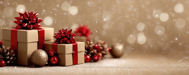 Christmas background with gifts and bokeh lights, festive decoration for Christmas, Minimal scene for mockup products, promotion display, 3D rendering product display platform.